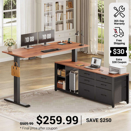 SEDETA 55.1 Inch L Shaped Electric Standing Desk Height Adjustable Sit Stand Office Computer Executive Desk with Power Outlet 6 Fabric Drawers Storage Shelves