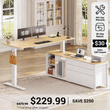 SEDETA® 55.1 Inch Height Adjustable Electric Standing Desk Office Executive Desk L Shaped Sit Stand Computer Desk with Storage Shelves 6 Fabric Drawers Power Outlet