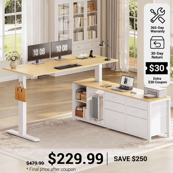 SEDETA® 55.1 Inch Height Adjustable Electric Standing Desk Office Executive Desk L Shaped Sit Stand Computer Desk with Storage Shelves 6 Fabric Drawers Power Outlet