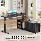 SEDETA 55.1 Inch L Shaped Electric Standing Desk Height Adjustable Sit Stand Office Computer Executive Desk with Power Outlet 6 Fabric Drawers Storage Shelves