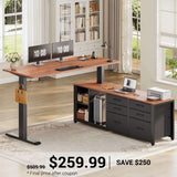 SEDETA 55.1 Inch L Shaped Electric Standing Desk Height Adjustable Sit Stand Office Computer Executive Desk with Power Outlet 6 Fabric Drawers Storage Shelves