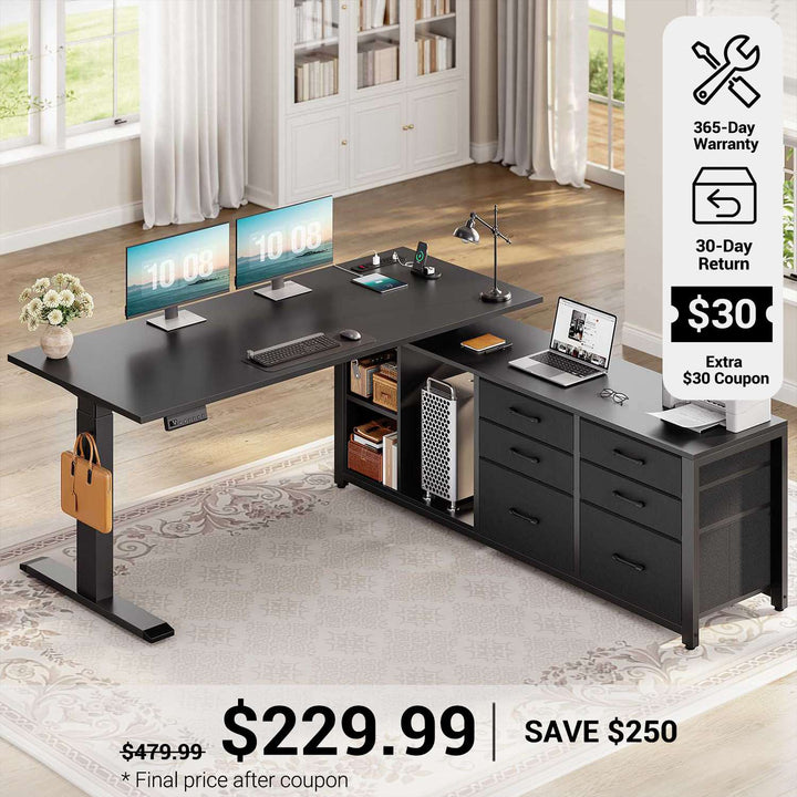 SEDETA® 55.1 Inch Height Adjustable Electric Standing Desk Office Executive Desk L Shaped Sit Stand Computer Desk with Storage Shelves 6 Fabric Drawers Power Outlet