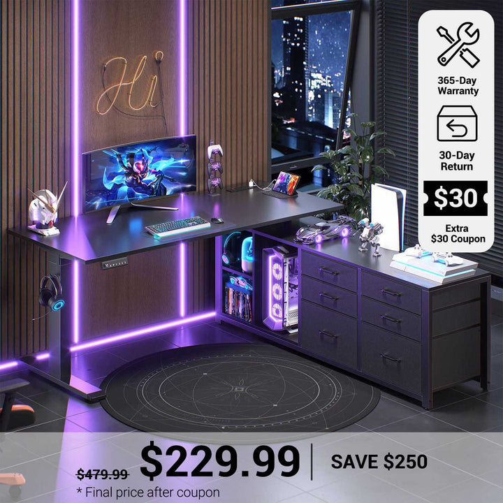 SEDETA® 55.1 Inch Height Adjustable Electric Standing Desk Office Executive Desk L Shaped Sit Stand Computer Desk with Storage Shelves 6 Fabric Drawers Power Outlet