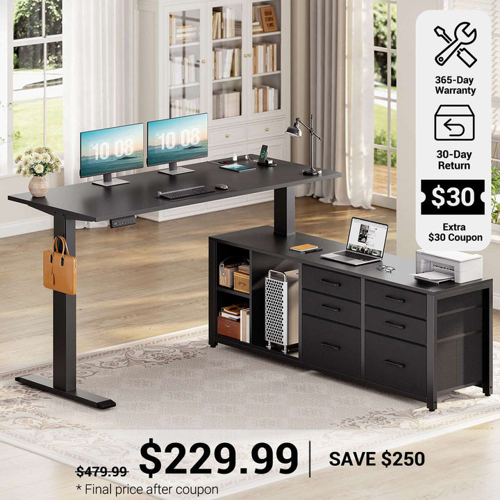 SEDETA® 55.1 Inch Height Adjustable Electric Standing Desk Office Executive Desk L Shaped Sit Stand Computer Desk with Storage Shelves 6 Fabric Drawers Power Outlet