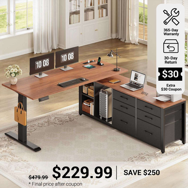 SEDETA® 55.1 Inch Height Adjustable Electric Standing Desk Office Executive Desk L Shaped Sit Stand Computer Desk with Storage Shelves 6 Fabric Drawers Power Outlet