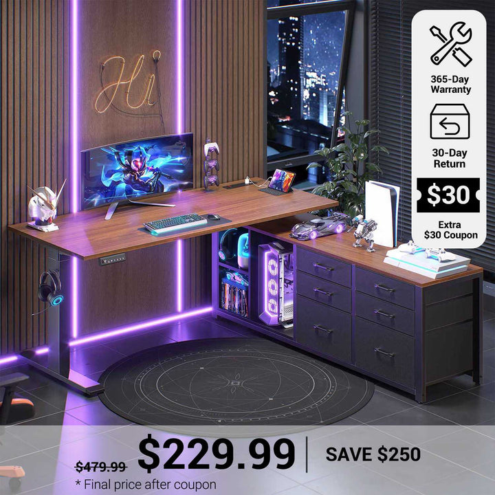 SEDETA® 55.1 Inch Height Adjustable Electric Standing Desk Office Executive Desk L Shaped Sit Stand Computer Desk with Storage Shelves 6 Fabric Drawers Power Outlet