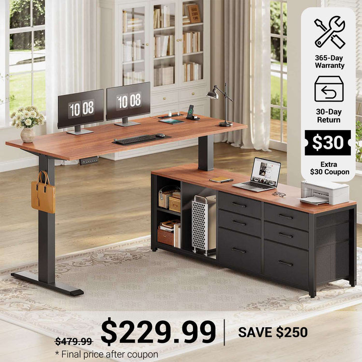 SEDETA® 55.1 Inch Height Adjustable Electric Standing Desk Office Executive Desk L Shaped Sit Stand Computer Desk with Storage Shelves 6 Fabric Drawers Power Outlet