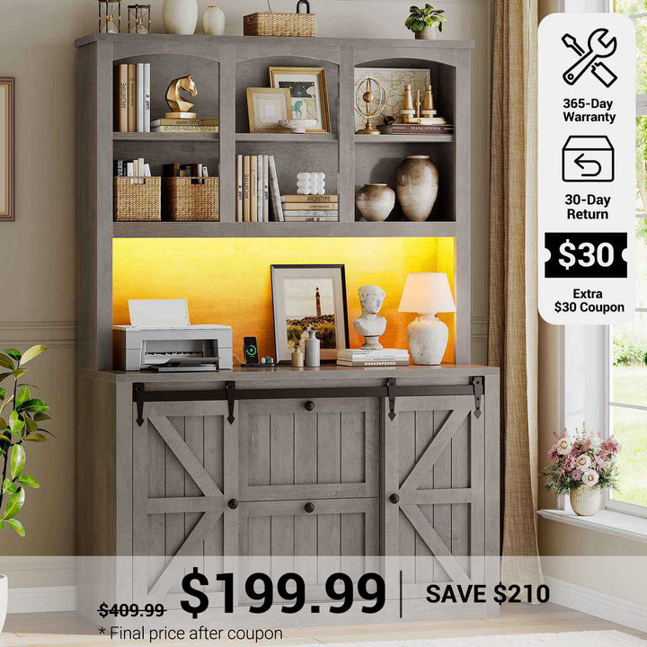 SEDETA® 41 Inch Farmhouse 2 Drawer File Cabinet with Power Strip Printer Stand Storage Shelf Bar Door LED Lights Filing Cabinet fits Legal Letter A4 Size Files