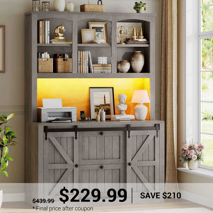 SEDETA 41 Inch 2 Drawer Farmhouse File Cabinet with Printer Stand Power Strip Storage Shelf Bar Door LED Lights fits Legal Letter A4 Size Files for Home Office