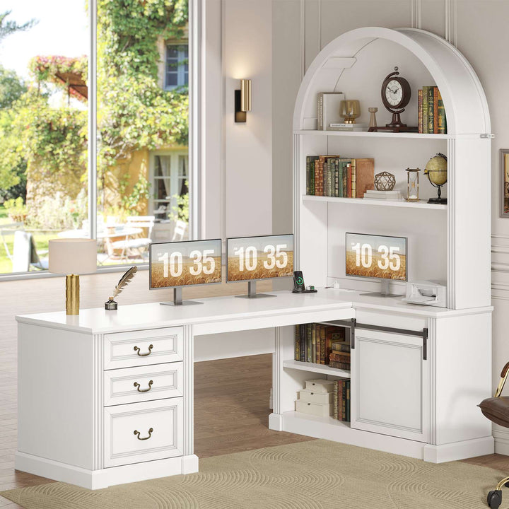 SEDETA 67 Inch Mid-Century Office Computer Desk L Shaped Desk with Tall Arched Bookshelf 3 Drawers  Storage Shelves Sliding Barn Door Power Outlets for Home Office