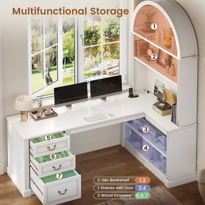 SEDETA 67 Inch Mid-Century Office Computer Desk L Shaped Desk with Tall Arched Bookshelf 3 Drawers  Storage Shelves Sliding Barn Door Power Outlets for Home Office