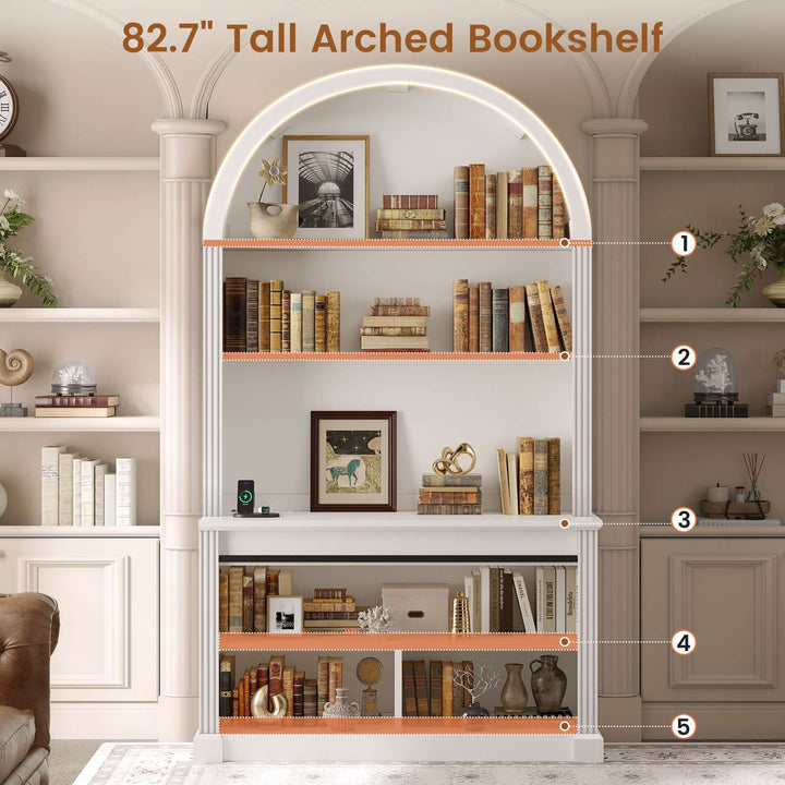 SEDETA 67 Inch Mid-Century Office Computer Desk L Shaped Desk with Tall Arched Bookshelf 3 Drawers  Storage Shelves Sliding Barn Door Power Outlets for Home Office