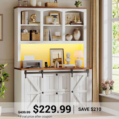 SEDETA 41 Inch 2 Drawer Farmhouse File Cabinet with Printer Stand Power Strip Storage Shelf Bar Door LED Lights fits Legal Letter A4 Size Files for Home Office