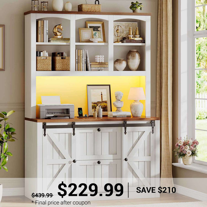 SEDETA 41 Inch 2 Drawer Farmhouse File Cabinet with Printer Stand Power Strip Storage Shelf Bar Door LED Lights fits Legal Letter A4 Size Files for Home Office