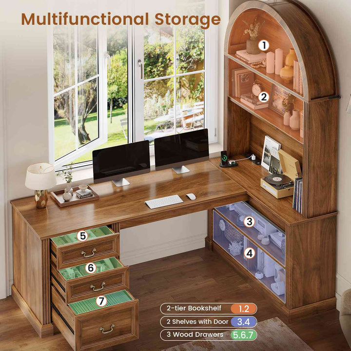SEDETA 67 Inch Mid-Century Office Computer Desk L Shaped Desk with Tall Arched Bookshelf 3 Drawers  Storage Shelves Sliding Barn Door Power Outlets for Home Office