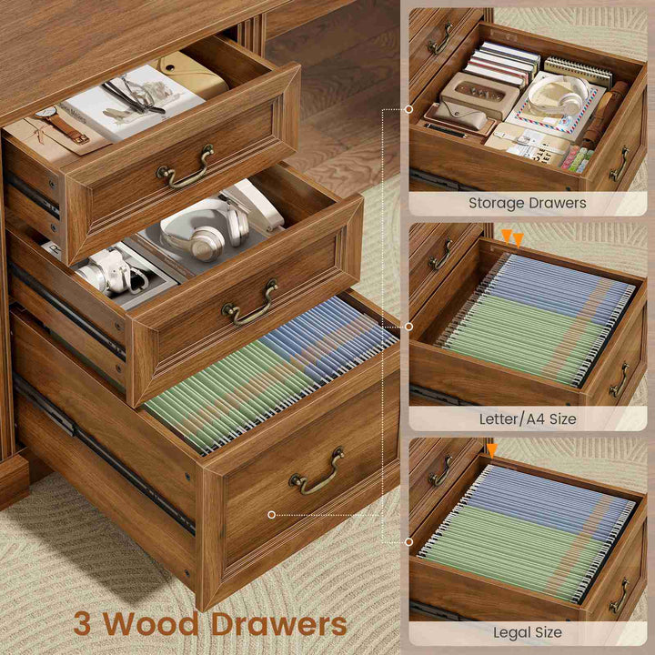 SEDETA 67 Inch Mid-Century Office Computer Desk L Shaped Desk with Tall Arched Bookshelf 3 Drawers  Storage Shelves Sliding Barn Door Power Outlets for Home Office