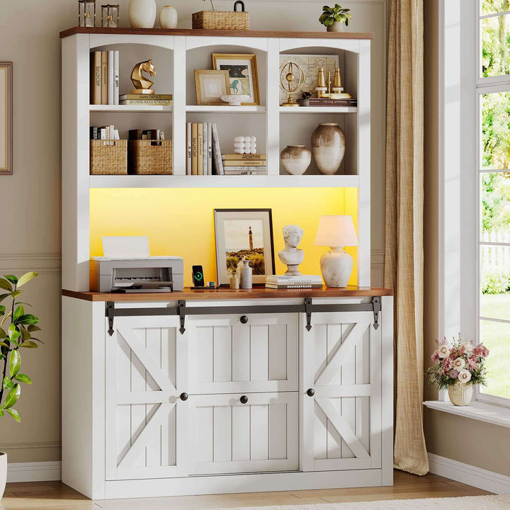 SEDETA 41 Inch 2 Drawer Farmhouse File Cabinet with Printer Stand Power Strip Storage Shelf Bar Door LED Lights fits Legal Letter A4 Size Files for Home Office