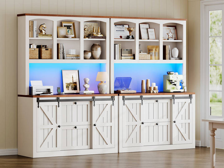 SEDETA 41 Inch 2 Drawer Farmhouse File Cabinet with Printer Stand Power Strip Storage Shelf Bar Door LED Lights fits Legal Letter A4 Size Files for Home Office