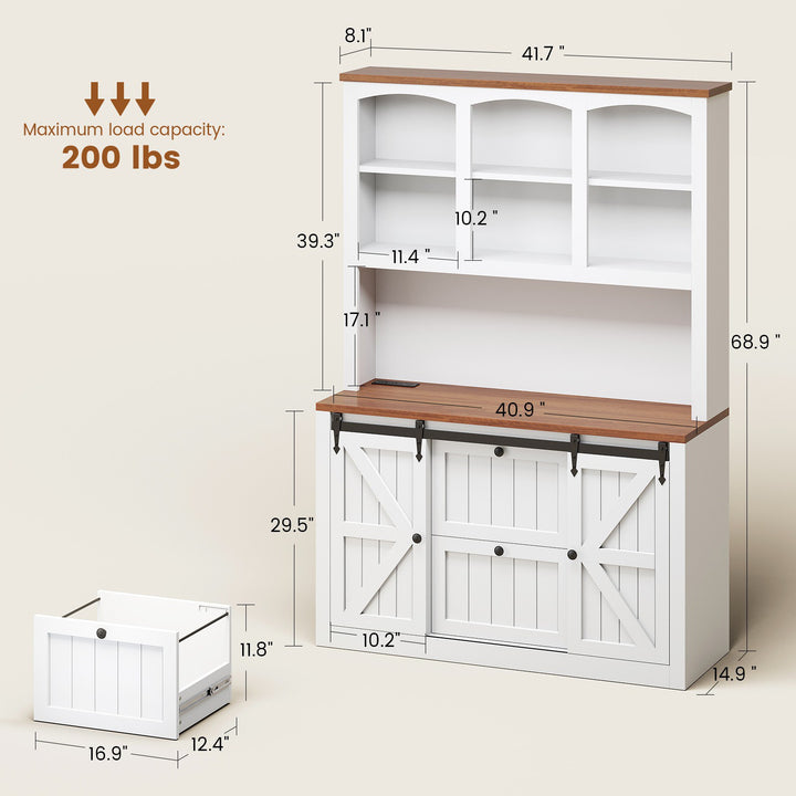 SEDETA 41 Inch 2 Drawer Farmhouse File Cabinet with Printer Stand Power Strip Storage Shelf Bar Door LED Lights fits Legal Letter A4 Size Files for Home Office