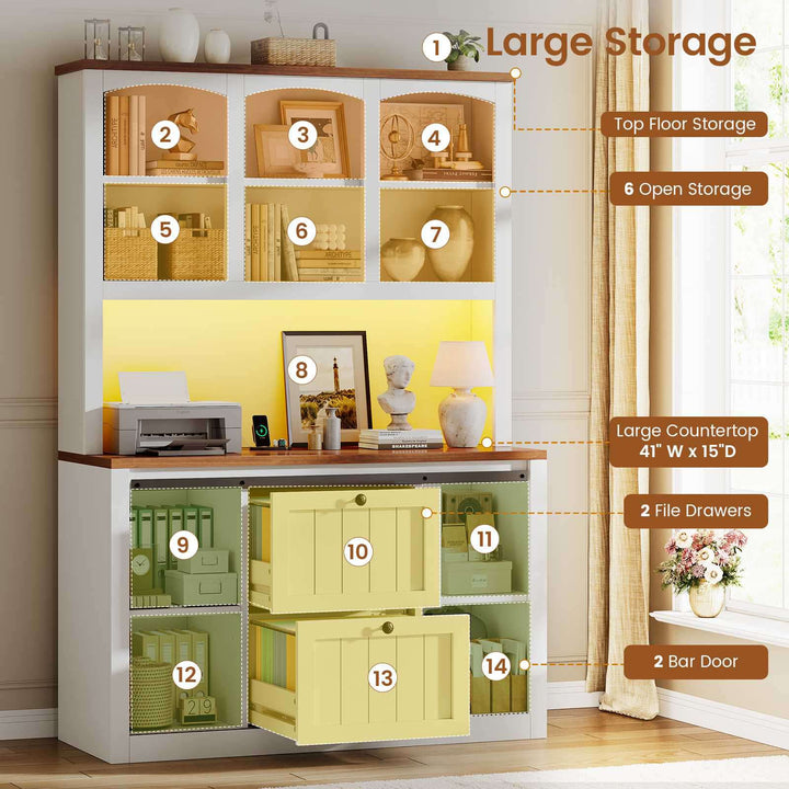 SEDETA 41 Inch 2 Drawer Farmhouse File Cabinet with Printer Stand Power Strip Storage Shelf Bar Door LED Lights fits Legal Letter A4 Size Files for Home Office