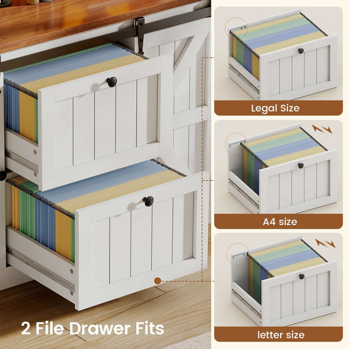 SEDETA 41 Inch 2 Drawer Farmhouse File Cabinet with Printer Stand Power Strip Storage Shelf Bar Door LED Lights fits Legal Letter A4 Size Files for Home Office