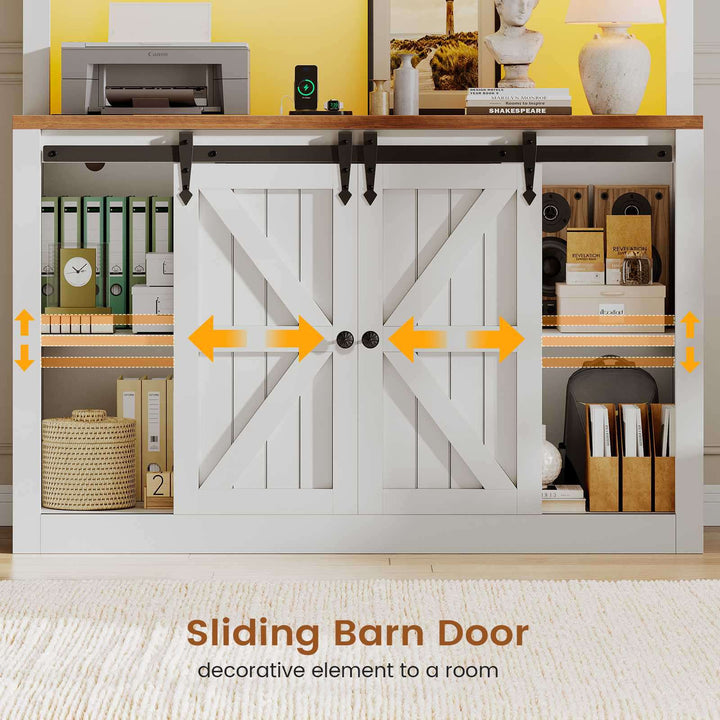 SEDETA 41 Inch 2 Drawer Farmhouse File Cabinet with Printer Stand Power Strip Storage Shelf Bar Door LED Lights fits Legal Letter A4 Size Files for Home Office