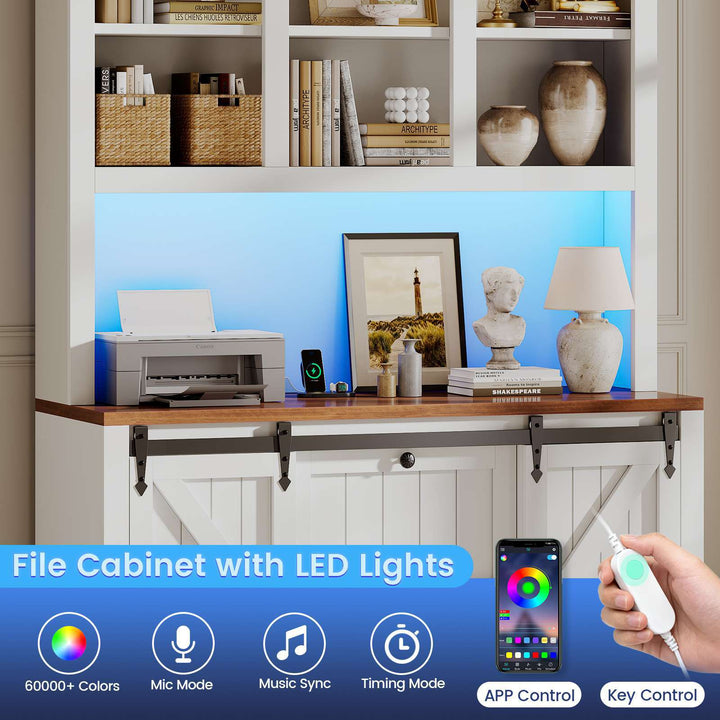 SEDETA 41 Inch 2 Drawer Farmhouse File Cabinet with Printer Stand Power Strip Storage Shelf Bar Door LED Lights fits Legal Letter A4 Size Files for Home Office