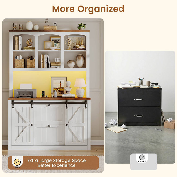 SEDETA 41 Inch 2 Drawer Farmhouse File Cabinet with Printer Stand Power Strip Storage Shelf Bar Door LED Lights fits Legal Letter A4 Size Files for Home Office