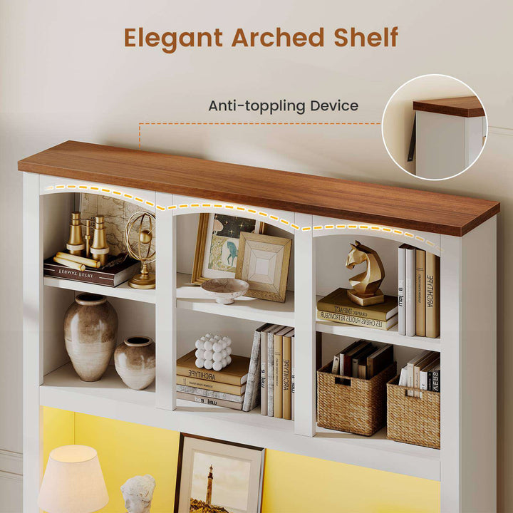 SEDETA 41 Inch 2 Drawer Farmhouse File Cabinet with Printer Stand Power Strip Storage Shelf Bar Door LED Lights fits Legal Letter A4 Size Files for Home Office