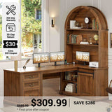 SEDETA® 67 Inch Mid-Century L Shaped Office Computer Desk Corner Desk with Tall Arched Bookshelf 3 Drawers Storage Shelves Sliding Barn Door for Home Office