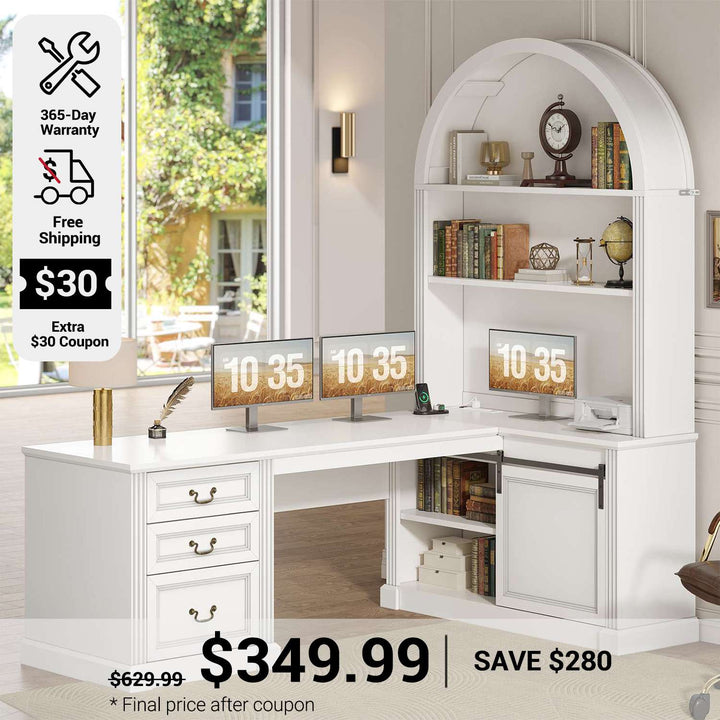 SEDETA 67 Inch Mid-Century Office Computer Desk L Shaped Desk with Tall Arched Bookshelf 3 Drawers  Storage Shelves Sliding Barn Door Power Outlets for Home Office