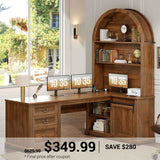 SEDETA 67 Inch Mid-Century Office Computer Desk L Shaped Desk with Tall Arched Bookshelf 3 Drawers  Storage Shelves Sliding Barn Door Power Outlets for Home Office