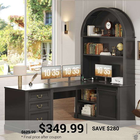 SEDETA 67 Inch Mid-Century Office Computer Desk L Shaped Desk with Tall Arched Bookshelf 3 Drawers  Storage Shelves Sliding Barn Door Power Outlets for Home Office