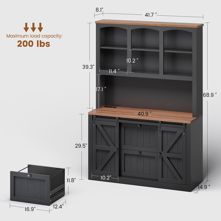SEDETA 41 Inch 2 Drawer Farmhouse File Cabinet with Printer Stand Power Strip Storage Shelf Bar Door LED Lights fits Legal Letter A4 Size Files for Home Office