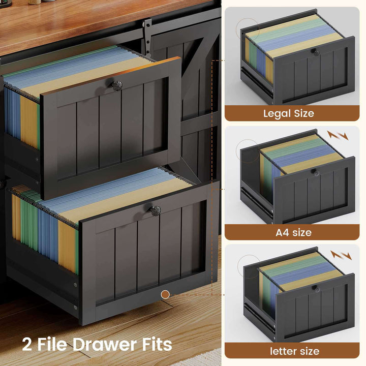 SEDETA 41 Inch 2 Drawer Farmhouse File Cabinet with Printer Stand Power Strip Storage Shelf Bar Door LED Lights fits Legal Letter A4 Size Files for Home Office