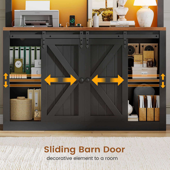 SEDETA 41 Inch 2 Drawer Farmhouse File Cabinet with Printer Stand Power Strip Storage Shelf Bar Door LED Lights fits Legal Letter A4 Size Files for Home Office