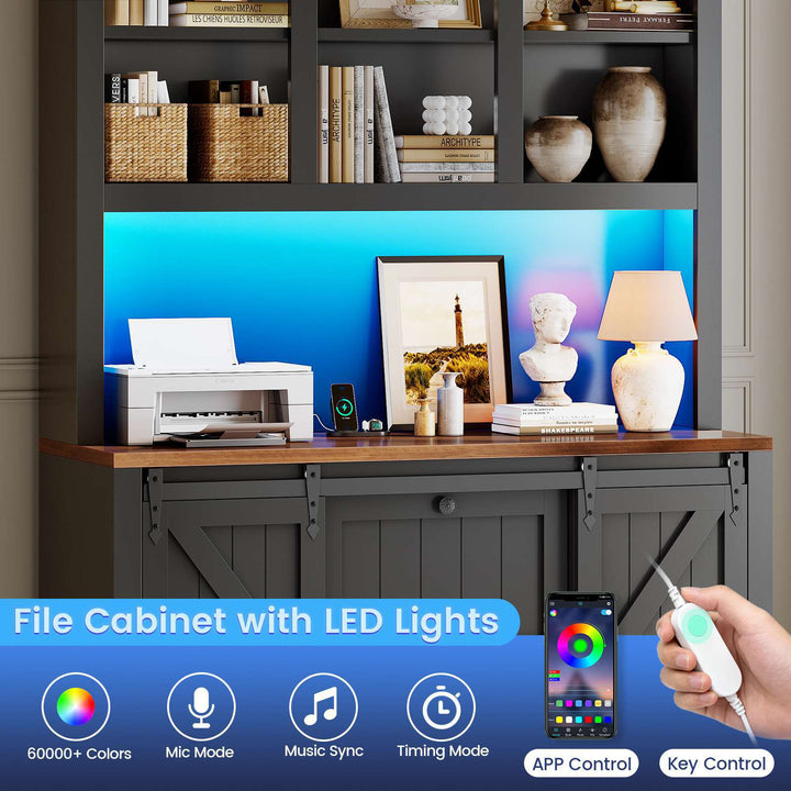 SEDETA 41 Inch 2 Drawer Farmhouse File Cabinet with Printer Stand Power Strip Storage Shelf Bar Door LED Lights fits Legal Letter A4 Size Files for Home Office