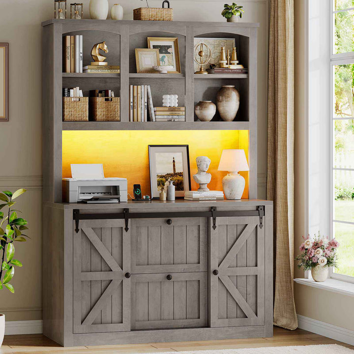 SEDETA 41 Inch 2 Drawer Farmhouse File Cabinet with Printer Stand Power Strip Storage Shelf Bar Door LED Lights fits Legal Letter A4 Size Files for Home Office