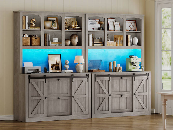 SEDETA 41 Inch 2 Drawer Farmhouse File Cabinet with Printer Stand Power Strip Storage Shelf Bar Door LED Lights fits Legal Letter A4 Size Files for Home Office