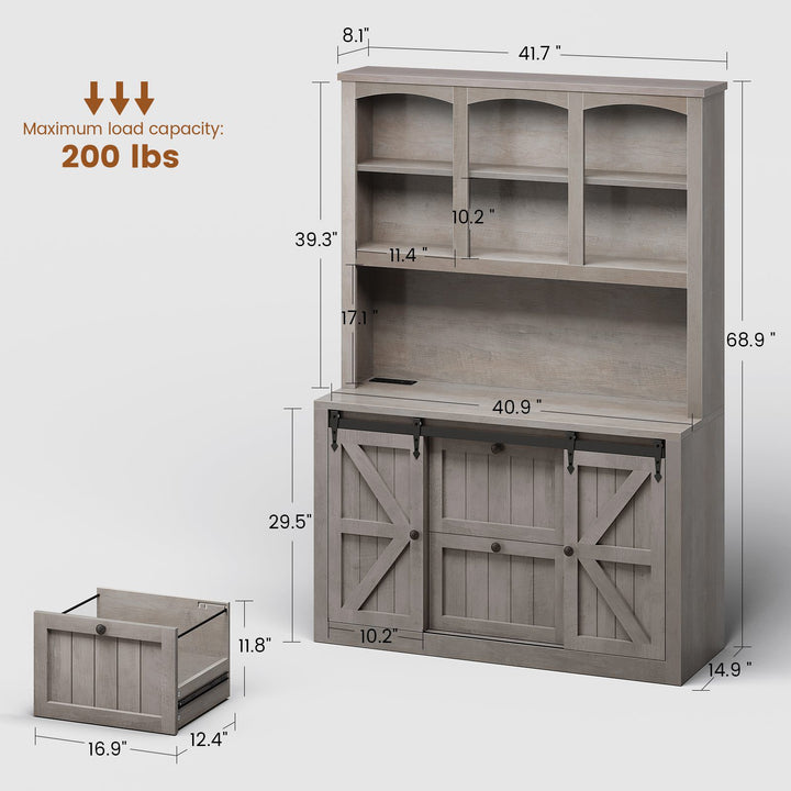 SEDETA 41 Inch 2 Drawer Farmhouse File Cabinet with Printer Stand Power Strip Storage Shelf Bar Door LED Lights fits Legal Letter A4 Size Files for Home Office