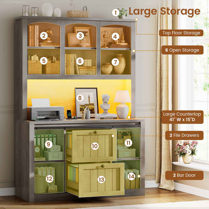 SEDETA 41 Inch 2 Drawer Farmhouse File Cabinet with Printer Stand Power Strip Storage Shelf Bar Door LED Lights fits Legal Letter A4 Size Files for Home Office