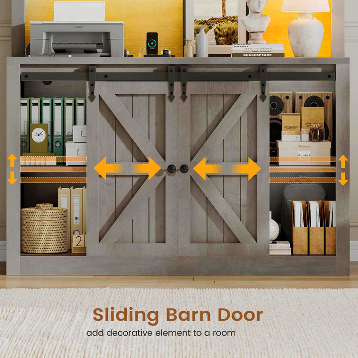 SEDETA 41 Inch 2 Drawer Farmhouse File Cabinet with Printer Stand Power Strip Storage Shelf Bar Door LED Lights fits Legal Letter A4 Size Files for Home Office