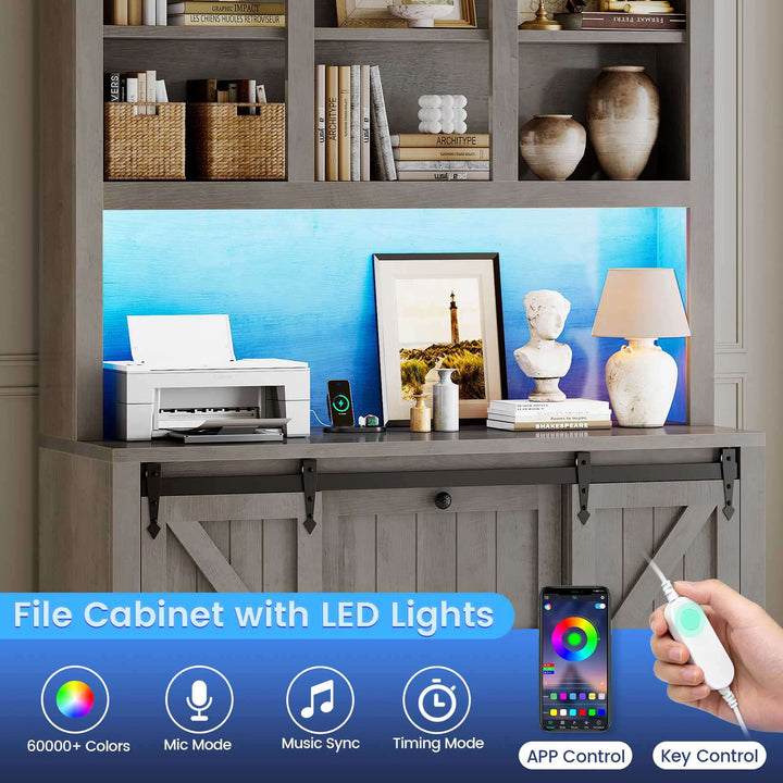 SEDETA 41 Inch 2 Drawer Farmhouse File Cabinet with Printer Stand Power Strip Storage Shelf Bar Door LED Lights fits Legal Letter A4 Size Files for Home Office