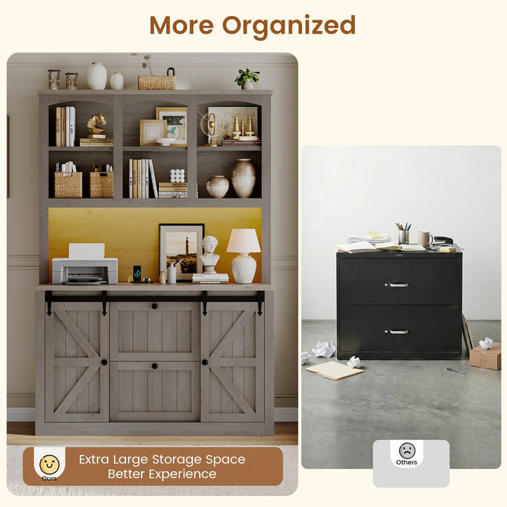 SEDETA 41 Inch 2 Drawer Farmhouse File Cabinet with Printer Stand Power Strip Storage Shelf Bar Door LED Lights fits Legal Letter A4 Size Files for Home Office