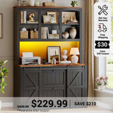 SEDETA 41 Inch 2 Drawer Farmhouse File Cabinet with Printer Stand Power Strip Storage Shelf Bar Door LED Lights fits Legal Letter A4 Size Files for Home Office