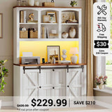 SEDETA 41 Inch 2 Drawer Farmhouse File Cabinet with Printer Stand Power Strip Storage Shelf Bar Door LED Lights fits Legal Letter A4 Size Files for Home Office