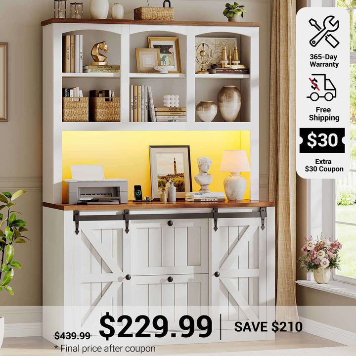 SEDETA 41 Inch 2 Drawer Farmhouse File Cabinet with Printer Stand Power Strip Storage Shelf Bar Door LED Lights fits Legal Letter A4 Size Files for Home Office