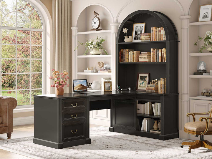 SEDETA 67 Inch Mid-Century Office Computer Desk L Shaped Desk with Tall Arched Bookshelf 3 Drawers  Storage Shelves Sliding Barn Door Power Outlets for Home Office