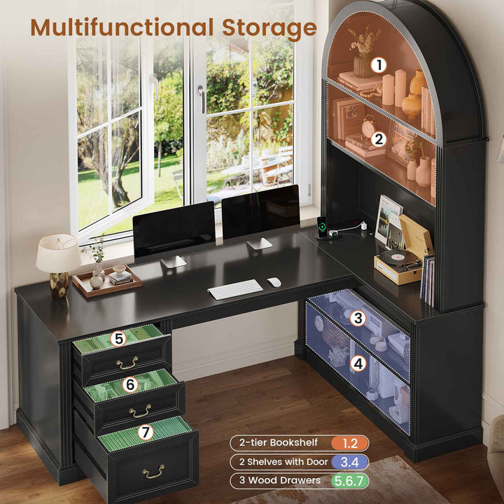 SEDETA 67 Inch Mid-Century Office Computer Desk L Shaped Desk with Tall Arched Bookshelf 3 Drawers  Storage Shelves Sliding Barn Door Power Outlets for Home Office