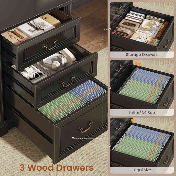 SEDETA 67 Inch Mid-Century Office Computer Desk L Shaped Desk with Tall Arched Bookshelf 3 Drawers  Storage Shelves Sliding Barn Door Power Outlets for Home Office